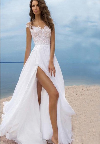 Sexy Beach Style Chiffon A-line Scoop-neck Cap-sleeve Slit Front Dress with Lace