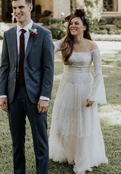 Krajková podlahová svatební šaty A-line s dlouhým rukávem a moderním designem s vlečkou a sklady