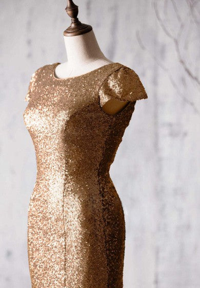 Dlouhé šaty mořská panna s flitry, krátkými rukávy a výstřihem do V zezadu Bateau