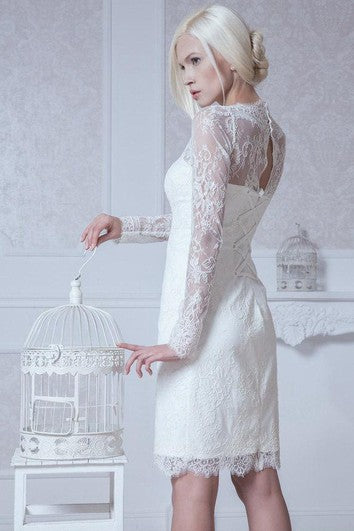 High Neck Long Sleeve Sheath Lace Knee Length Dress With Keyhole Back Ms. Grace High Neck Long Sleeve Sheath Lace Knee Length Dress With Keyhole Back Ms. Grace