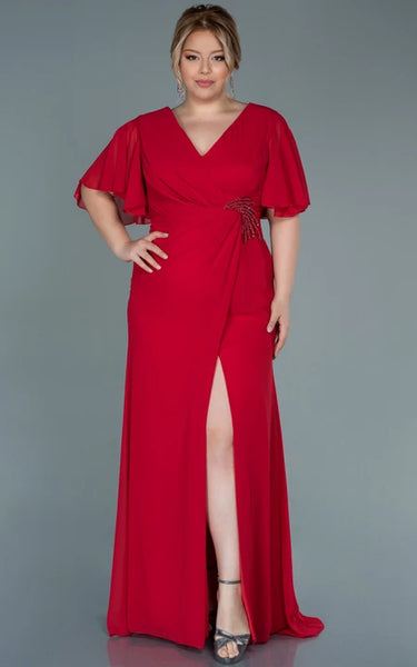 Empire Chiffon V-neck Bat Sleeve Empire Ruched Plus Size Mother of Bride Dress