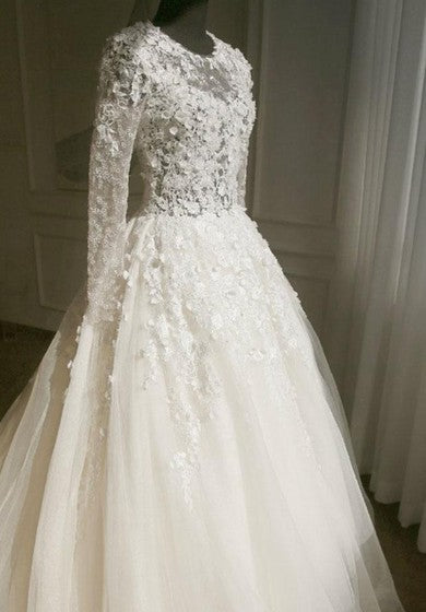 Campana de manga larga de línea A Appliques de tulhole de llaves con cremallera Vestido de encaje de tul