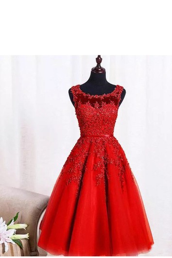 Short Mini Sleeveless Tulle Adorable A-Line Scoop Petite Zipper Back Appliques Bridesmaid Dress