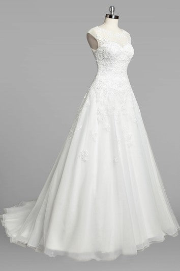Jewel Neck Cap Sleeve A-Line Organza Wedding Dress With Lace Bodice