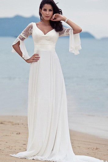 Simple V-neck Chiffon Lace A Line Floor-length Half Sleeve Wedding Dress