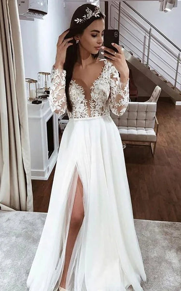 Lace Long Sleeve Plunged V-neck Empire Chiffon Front Split Wedding Dress