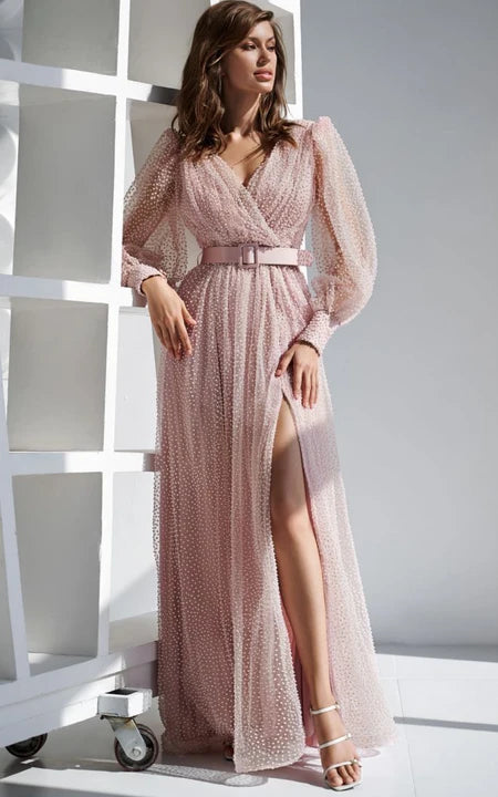 Šaty s dlouhým rukávem Puff, pouzdrové, s předním rozparkem, výstřihem do V, páskem a nízkým výstřihem na zádech