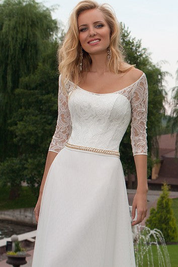 Appliqued 3-4 Sleeve Scoop Neck Chiffon Wedding Dress