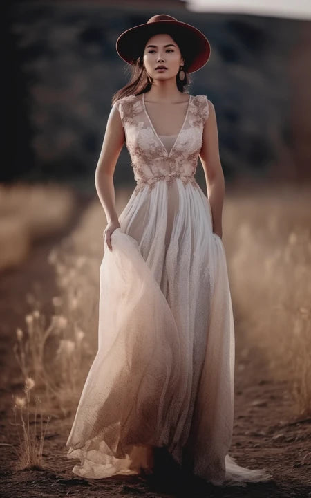 Robe de mariée empire en tulle sans manches à col en V avec appliques