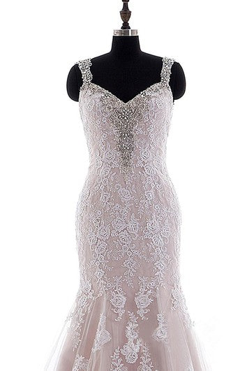 Mermaid Mini Straps V-Neck Bell Cap Beading Appliques Court Train Backless Straps Lace Dress