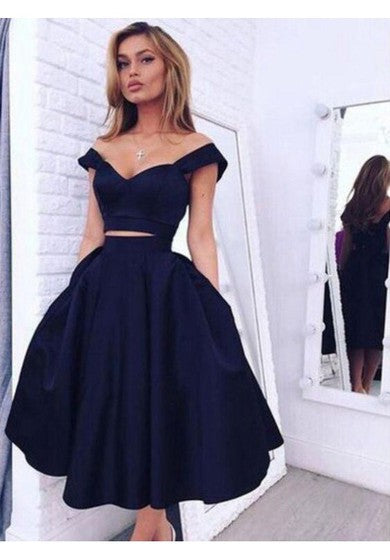 Dos piezas fuera de los hombros correas para el té cóctel satén vestido de regreso a casa