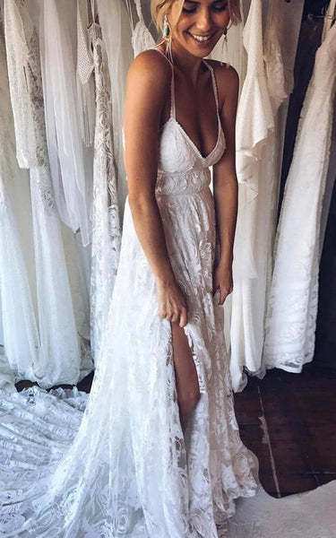 Spaghetti Empire Sleeveless Lace Front Split Sexy Wedding Dress