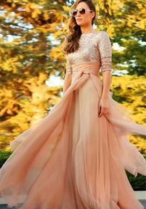 Stunning Sequins Long 2022 Evening Dress Half Sleeves Prom Gown