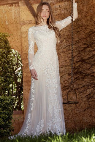 Sheath Long-Sleeve High Neck Tulle&Lace Wedding Dress With Sweep Train