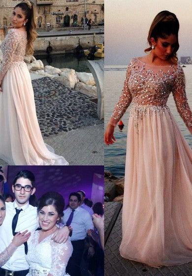 Okouzlující dlouhé večerní šaty s korálkováním 2022 dlouhé šifonové rukávy