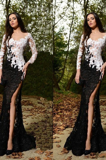 Sexy Lace Appliques Mermaid Prom Dress Front Split Black and White