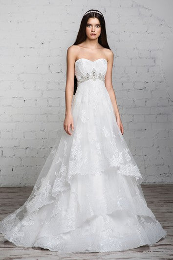 A-Line Long Sweetheart Sleeveless Empire Corset-Back Lace Dress With Tiers And Beading