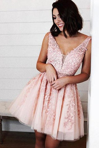 Lace Tulle A Line Low-V Back Sleeveless with Beading and Petals Homecoming Dress