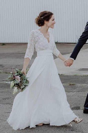 Ethereal Chiffon and Lace Scalloped 3/4 Sleeve Wedding Dress with ruching