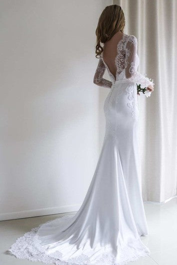 Bateau Lace Long Sleeve Sheath Chiffon Wedding Dress With Sweep Train