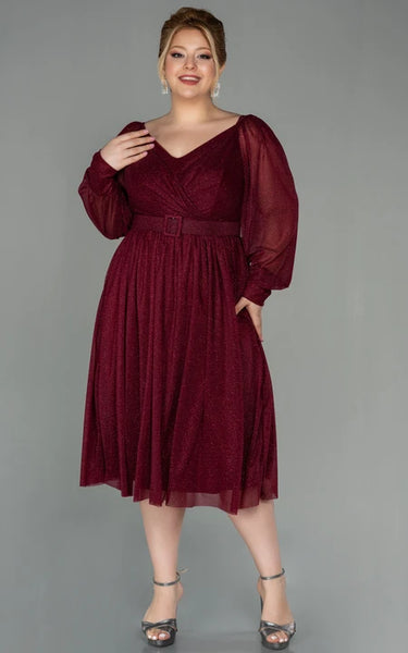 Casual Long Sleeve V-neck Criss-cross Empire Tea-length Plus Size Mother of Bride Dress