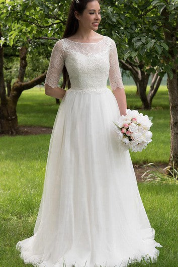 Half Sleeve Lace and Tulle Dress With Bateau Neckline and Illusion Back