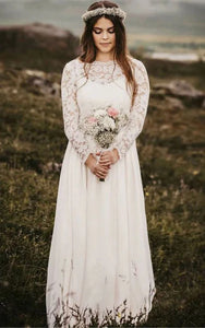 Bateau-neck Lace Long Sleeve Sheath Chiffon Low Back Wedding Dress