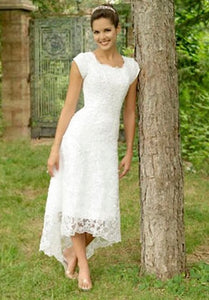 High Low U Neck Cap Sleeves Modest Elegant Lace Wedding Dress