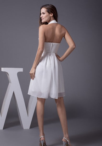 Knee Length Sleeveless Halter A-Line Dress With Ruching and Beadings