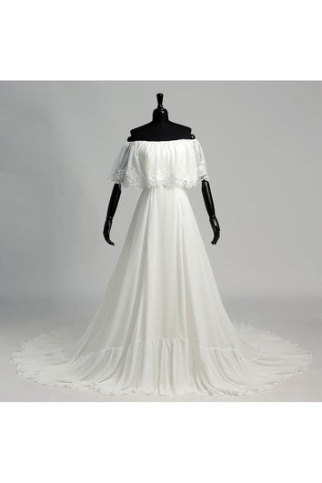 A-line Off-the-shoulder Sleeveless Chiffon Wedding Dress with Chapel Train