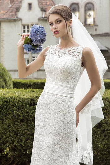 Jeweled Neck Sleeveless Sheath Lace Wedding Dress With Ruched Waist