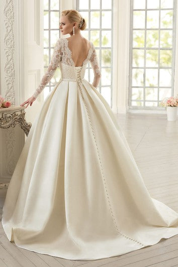 Ball Gown Floor-Length Jewel Long-Sleeve Corset-Back Satin Dress With Appliques