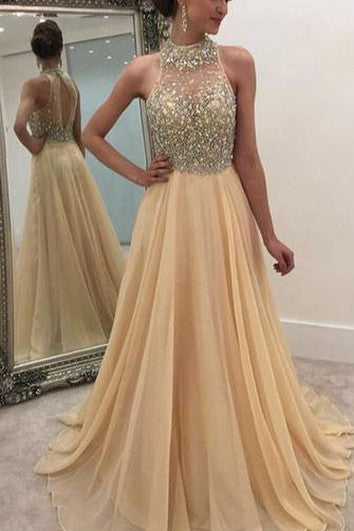 Dlouhé šifonové šaty bez rukávů s vysokým límcem a korálkovou výšivkou