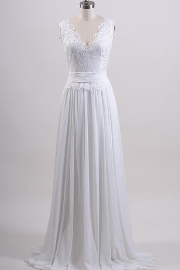 Chiffon and Lace Sleeveless V-Neck Dress With Pleated Skirt and Back Bow