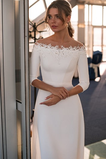 Simple Off-the-shoulder Sheath Sweep Train 3/4 Length Sleeve Wedding Dress With Appliques