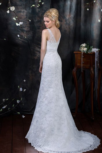 Sheath Floor-Length V-Neck Sleeveless Low-V-Back Lace Dress With Appliques And Beading