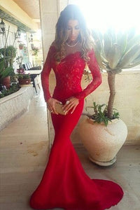 Sexy Red Lace Appliques Mermaid Prom Dress Sweep Train Long Sleeve