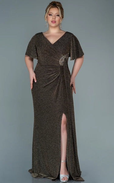 Poet-sleeve V-neck Sequin Ruched Slit Front Plus Size Evning Dress