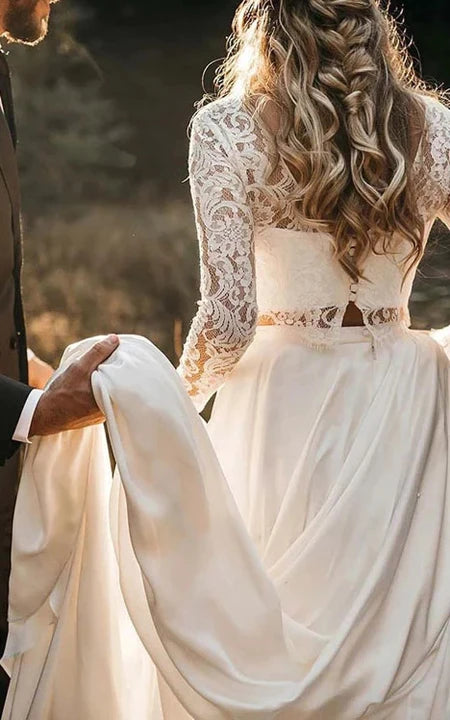 Zweiteiliges Chiffon-Brautkleid mit Spitzenärmeln und U-Ausschnitt