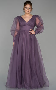 V-neck Puff-sleeve Pleated Empire A-line Evning Plus Size Dress with V Back