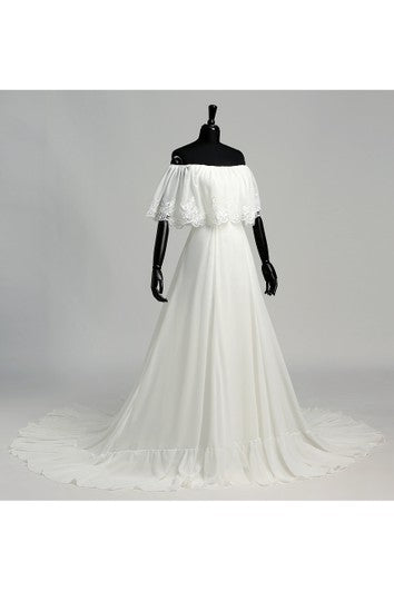 A-line Off-the-shoulder Sleeveless Chiffon Wedding Dress with Chapel Train