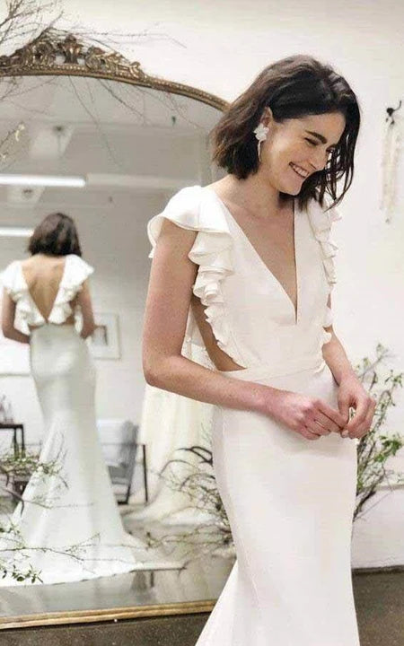 Simple Plunged Cascading Sheath Solid Wedding Dress