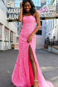 Simple Lace Mermaid Strapless Sleeveless Prom Dress With Appliques Split Front