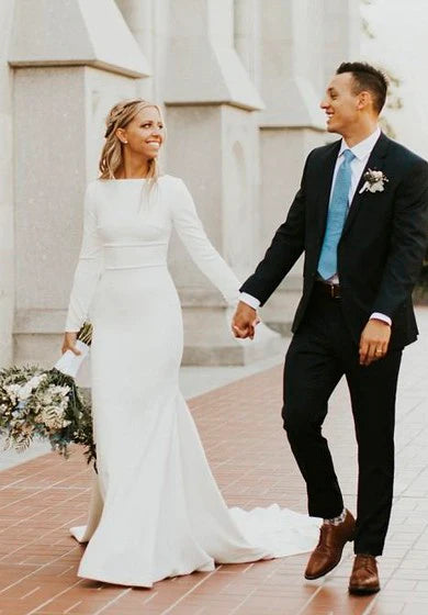 Vestido de novia de vestir de satén de manga larga modesta de manga larga con tren de novia con tren de corte