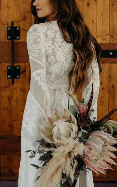 Bohemian Plunged Bell-sleeve Empire Lace Pleated Front Split Wedding Dress