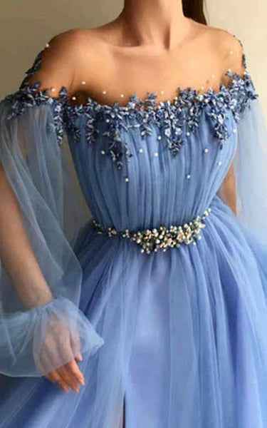 Flowy Off-the-shoulder Puff-long-sleeve Front Split Blue Evening Prom Dress with Beadings