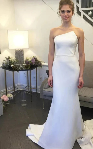 Simple Asymmetrical Sheath Solid Satin Wedding Dress