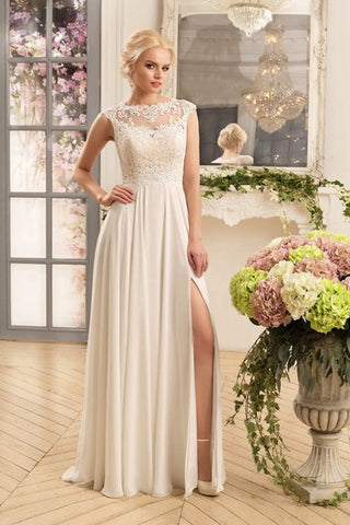 Sheath Maxi Bateau Cap-Sleeve Illusion Chiffon Dress With Split Front And Appliques