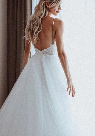 Ethereal Spaghetti Lace and Tulle Ball Gown Floor-length Sleeveless Wedding Dress with Beading