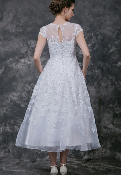 Modern Cap-sleeve Dress With Illusion Neckline and Beaded Lace Applique